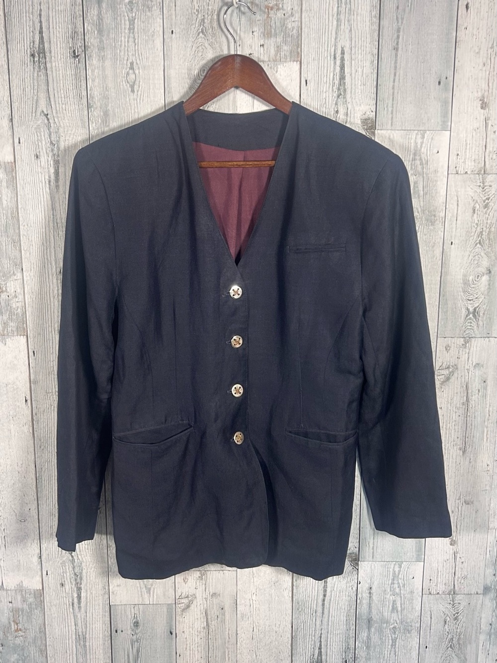 Vintage 90s Typhany Navy Blazer L Silver Button Collarless Quiet Luxury Academia